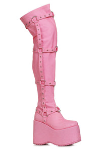 Ellie Shoes Ellie Shoes 500 FUMIKO Chunky Heel Platform Thigh High Boot with Buckles in Pink Faux Leather from SexyShoes.com