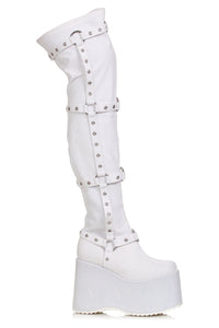 Ellie Shoes Ellie Shoes 500 FUMIKO Chunky Heel Platform Thigh High Boot with Buckles in White Faux Leather from SexyShoes.com