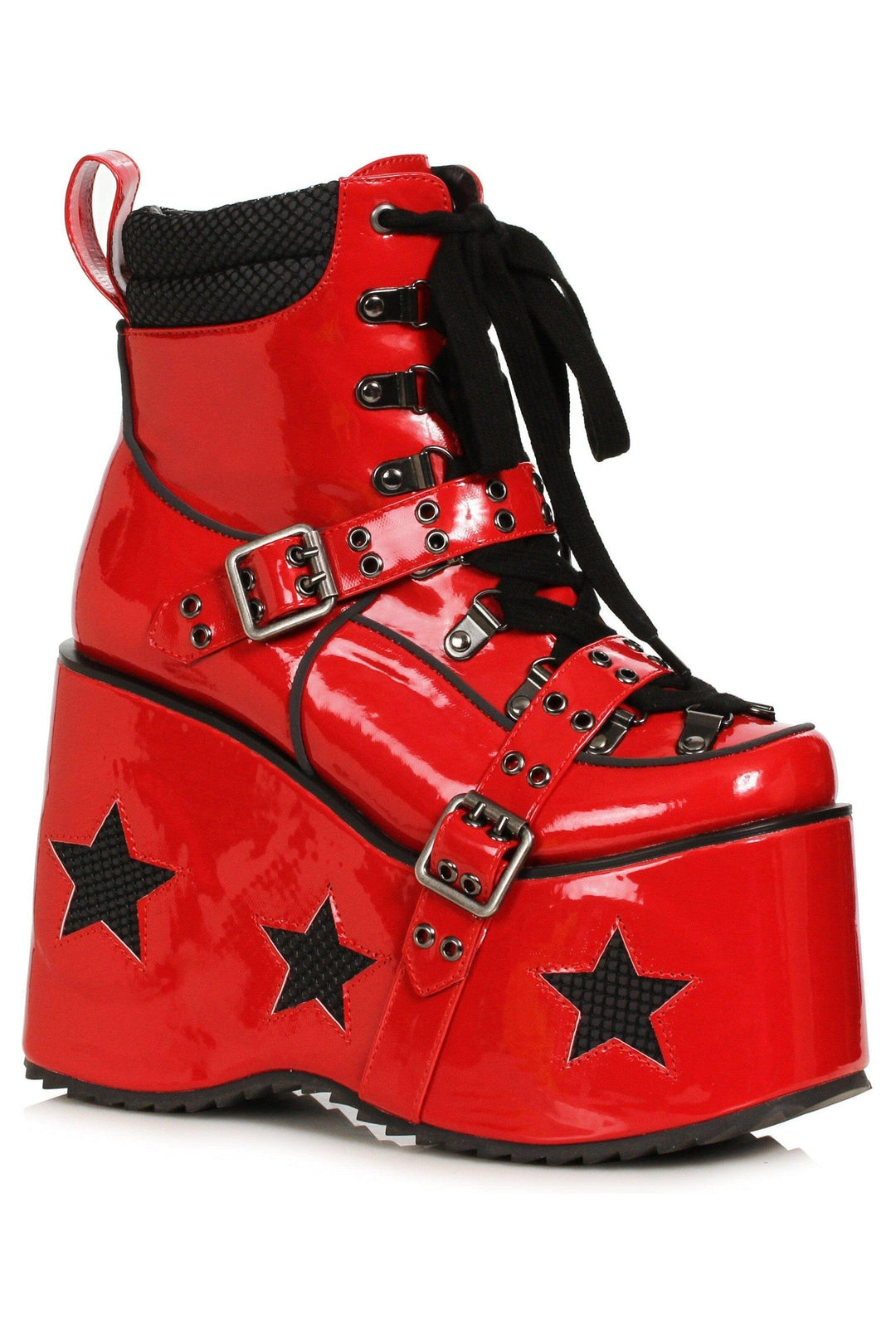 Ellie Shoes Ellie Shoes 500 SPACED Heel Platform Bootie with Star & Buckle Décor in Red Faux Leather from SexyShoes.com