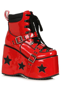 Ellie Shoes Ellie Shoes 500 SPACED Heel Platform Bootie with Star & Buckle Décor in Red Faux Leather from SexyShoes.com