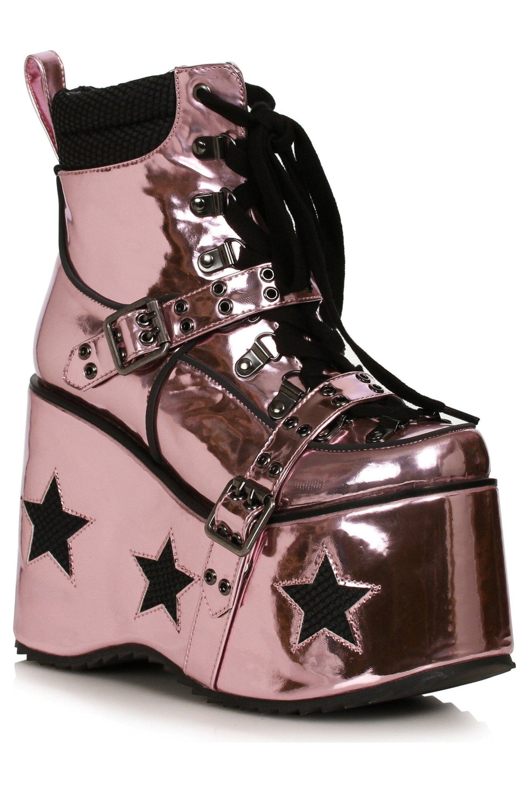 Ellie Shoes Ellie Shoes 500 SPACED Heel Platform Bootie with Star & Buckle Décor in Rose Gold Faux Leather from SexyShoes.com