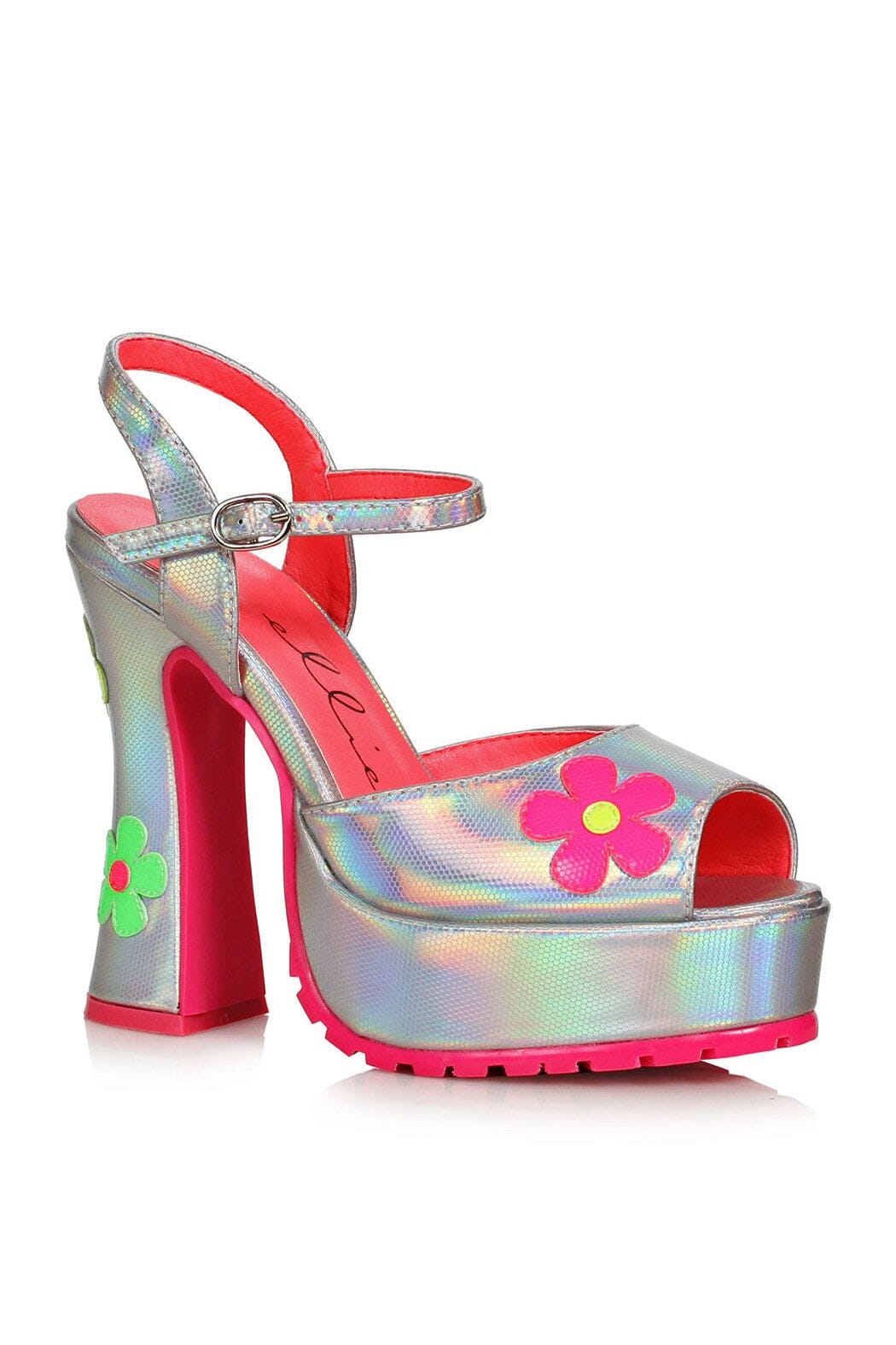 Ellie Shoes Ellie Shoes 557 DAISY Heel Women’s Open Toe Sandal with Flower in Silver Faux Leather from SexyShoes.com