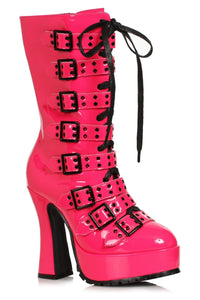 Ellie Shoes Ellie Shoes 557 MELINOE Chunky Heel Lace Up and Buckled Strapped Platform Ankle Boot in Fuchsia Patent from SexyShoes.com
