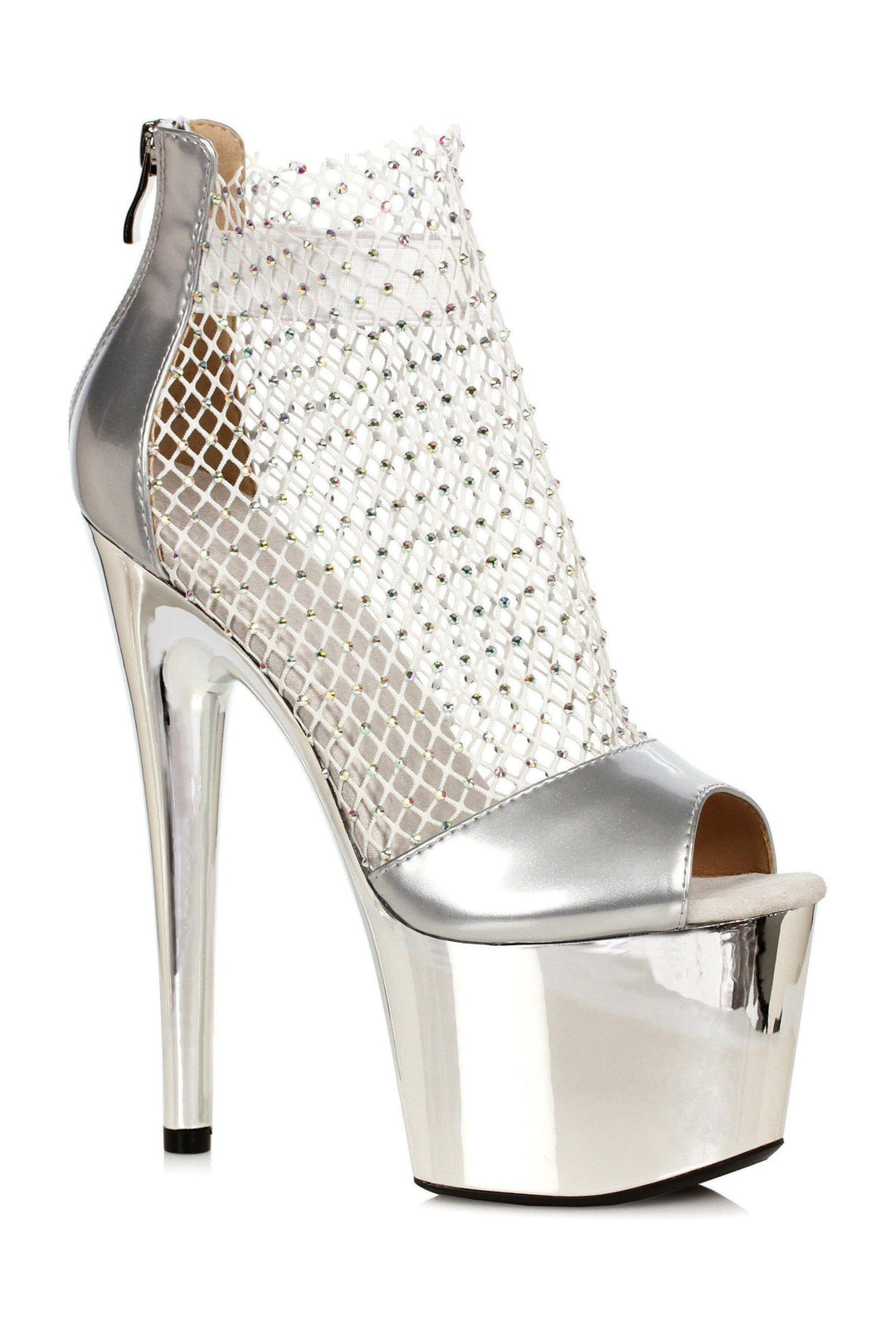 Ellie Shoes Ellie Shoes 709 ADRIANA Fishnet Rhinestone Ankle Bootie in Silver Patent from SexyShoes.com