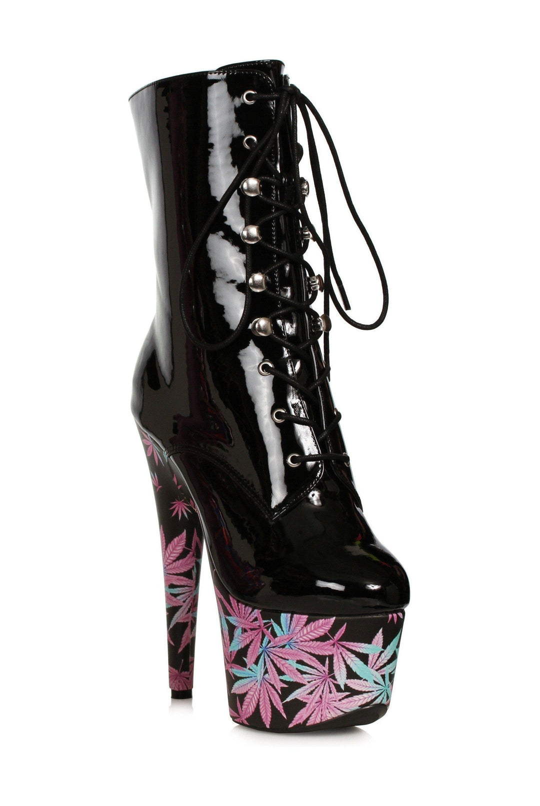 Ellie Shoes Ellie Shoes 709 JUICY Stiletto Lace up Boot with Marijuana Platform in Black Faux Leather from SexyShoes.com
