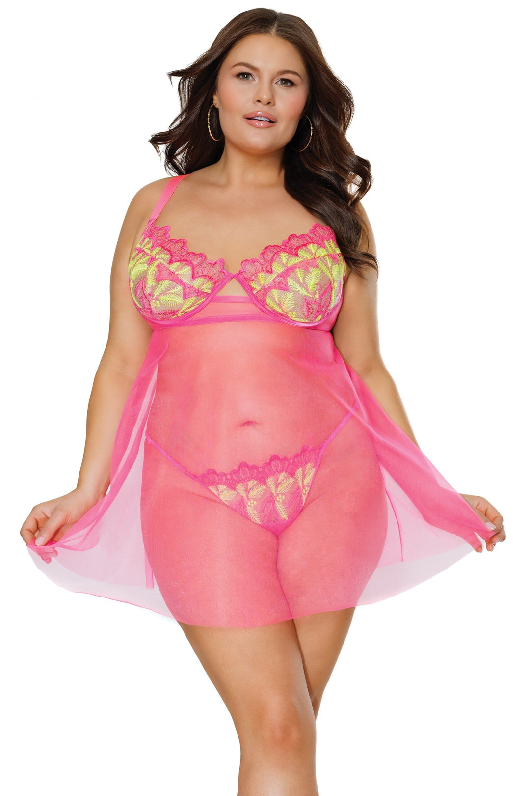 Coquette Embroidered Lace Babydoll and G String in Pink 
