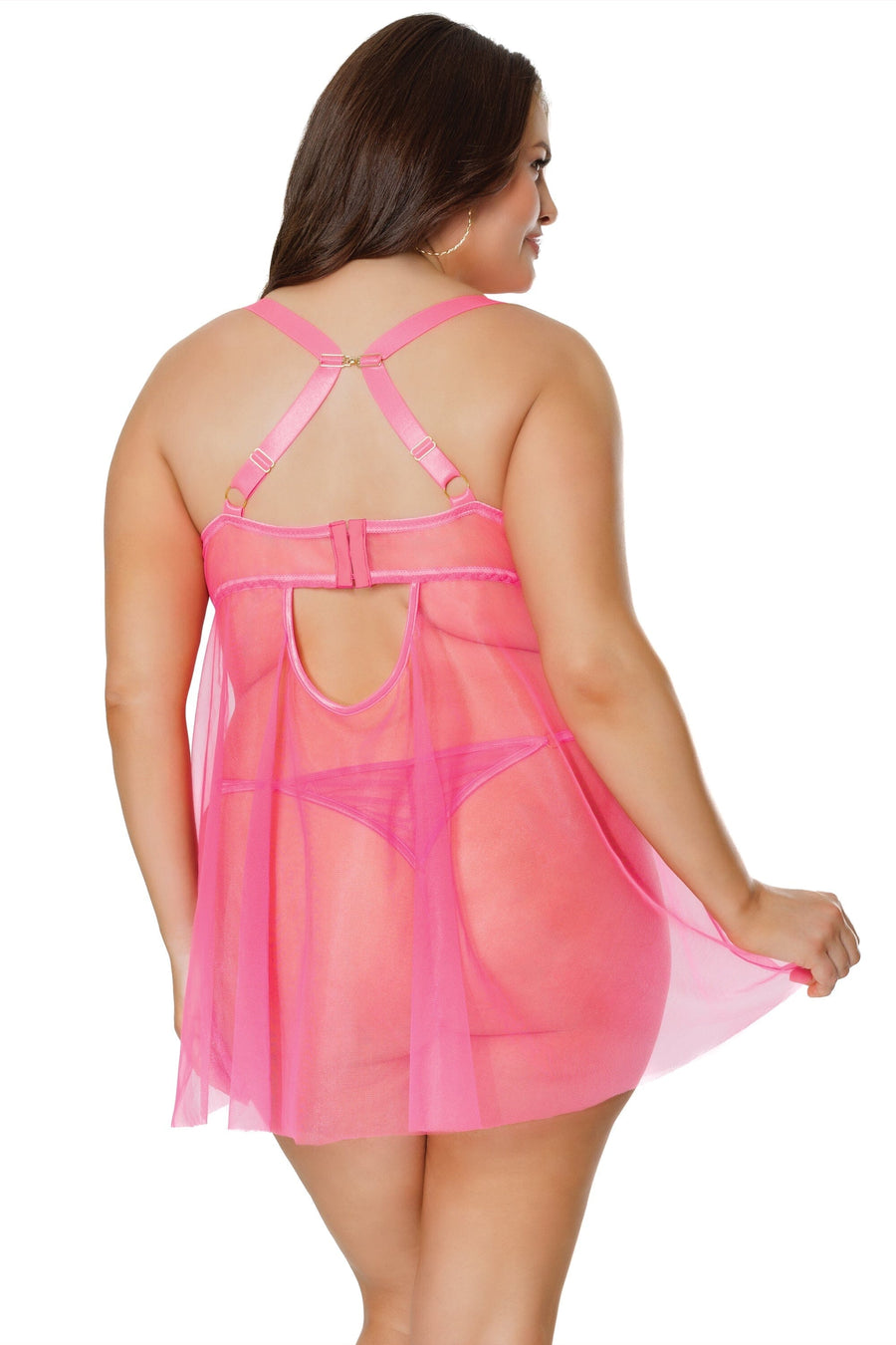 Coquette Embroidered Lace Babydoll and G String in Pink 