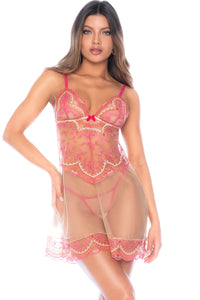 Mapale Embroidered Sheer Mesh Babydoll in Pink  from SexyShoes.com