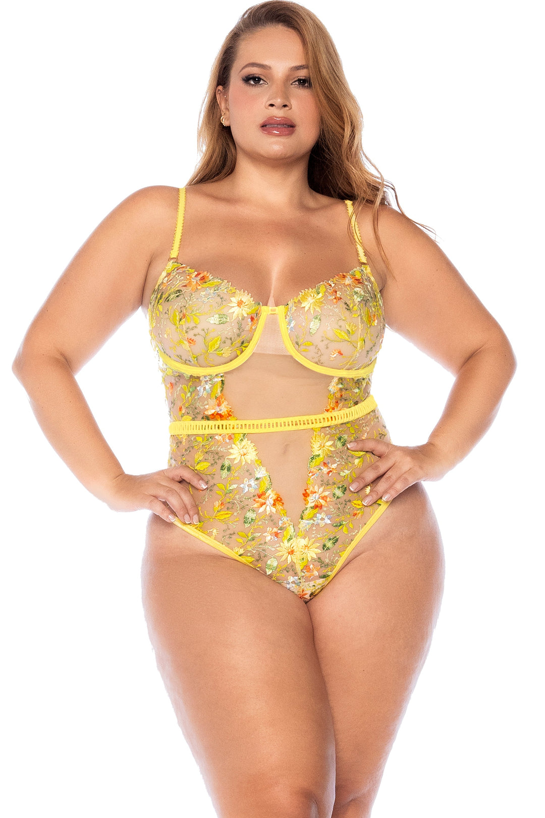 Mapale Embroidered Sheer Mesh Bodysuit with Lace Up Back in Yellow  from SexyShoes.com