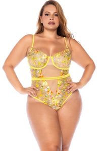 Mapale Embroidered Sheer Mesh Bodysuit with Lace Up Back in Yellow  from SexyShoes.com