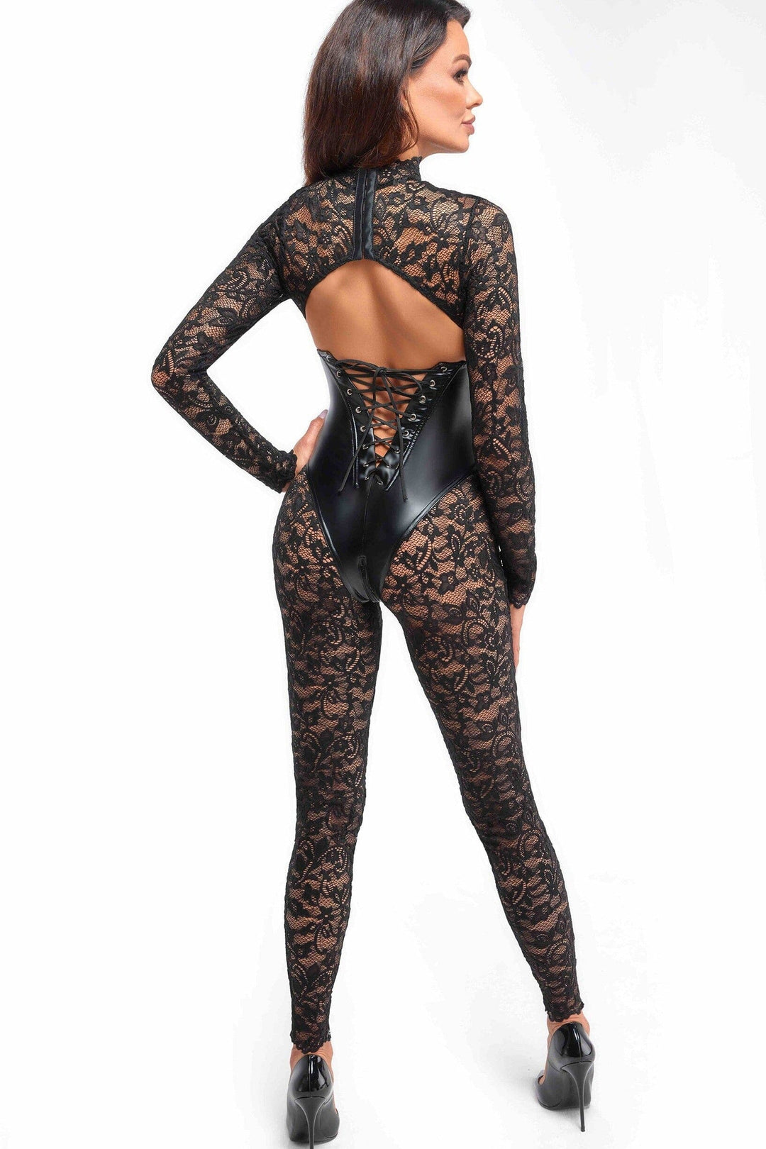 Noir Handmade Enigma Lace Catsuit With Under Bust Bodice in Black 
