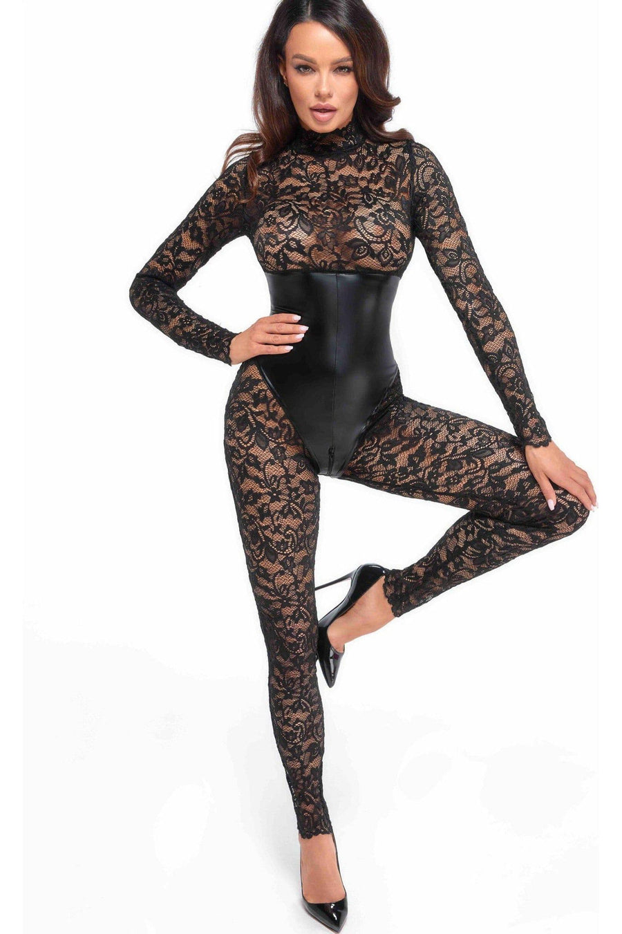 Noir Handmade Enigma Lace Catsuit With Under Bust Bodice in Black 