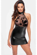 Eros Mini Halter Dress Of Flocked Mesh And Wetlook