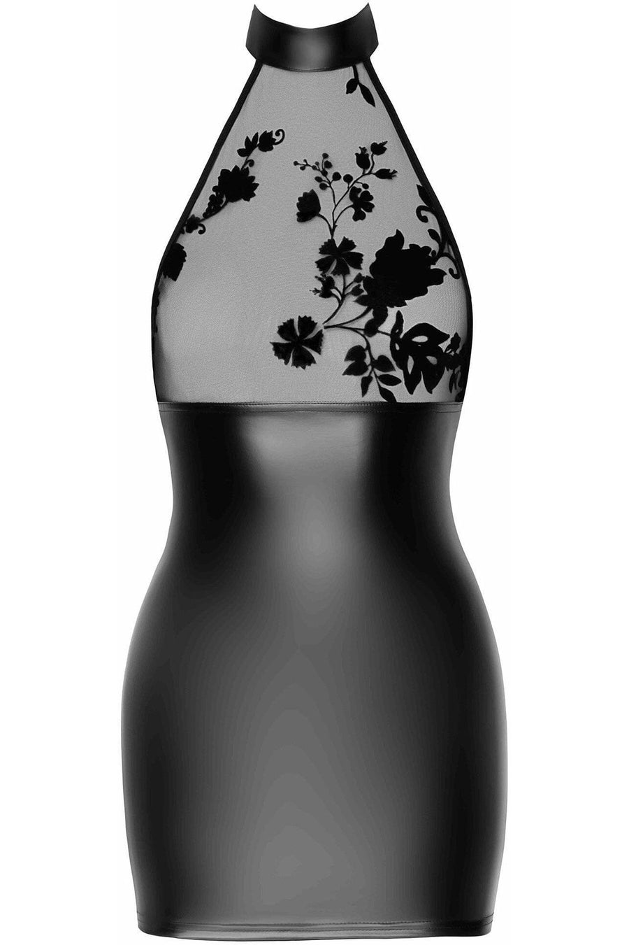 Noir Handmade Eros Mini Halter Dress Of Flocked Mesh And Wetlook in Black 