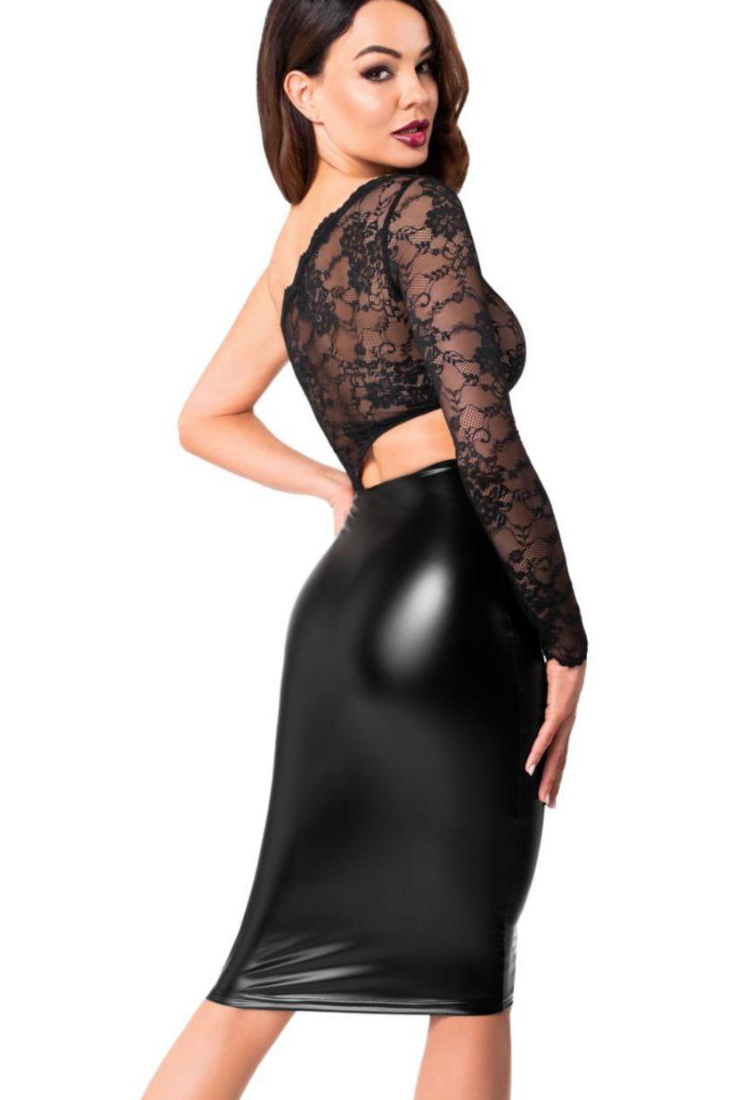 Noir Handmade Erotica Power Wetlook And Lace Midi Dress in Black 