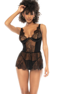 Mapale Eyelash Lace and Satin Babydoll Set in Black 