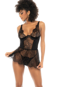Mapale Eyelash Lace and Satin Babydoll Set in Black  from SexyShoes.com