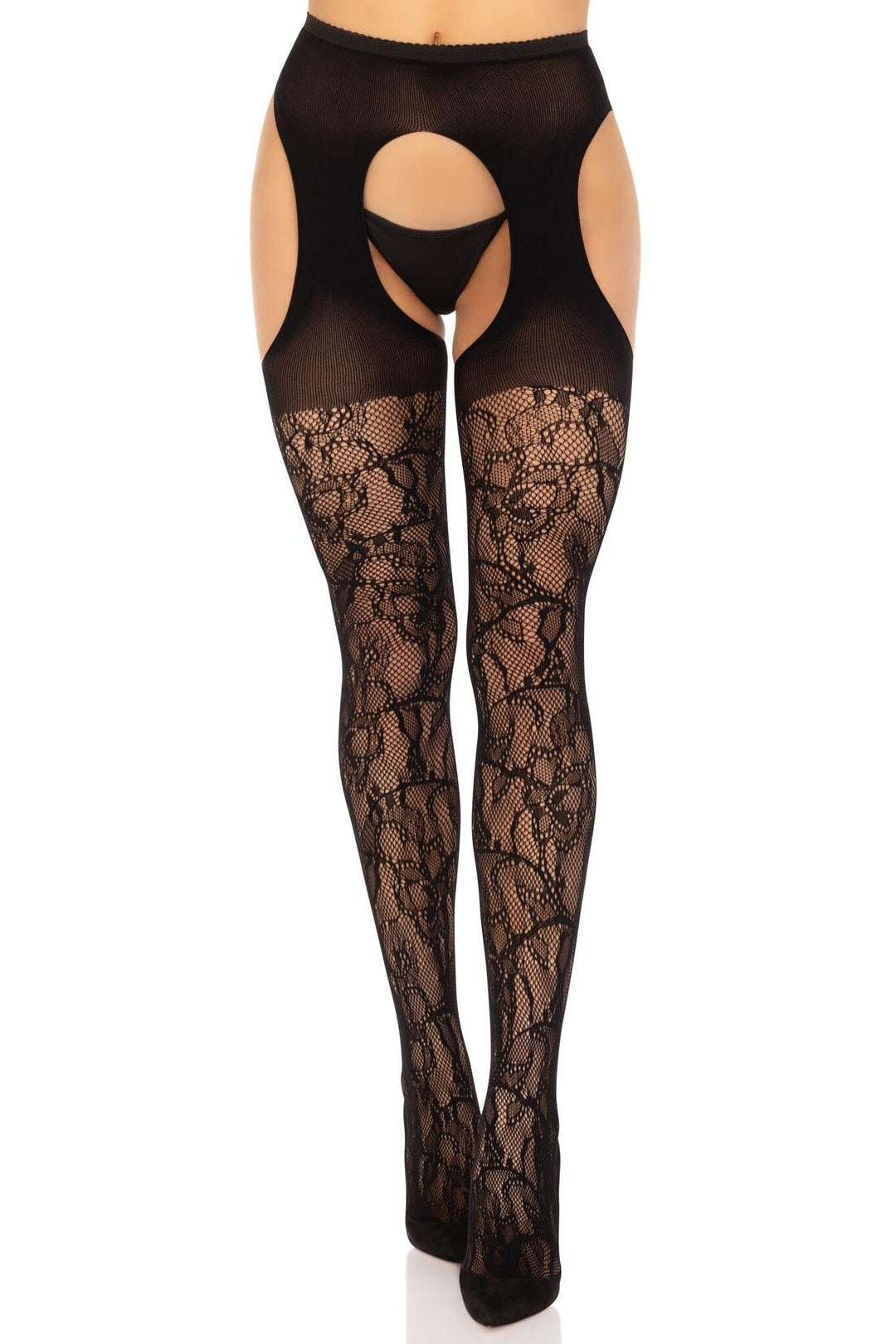 Leg Avenue Eyelet Rose Lace Suspender Panty Hose in Black  from SexyShoes.com