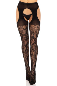 Leg Avenue Eyelet Rose Lace Suspender Panty Hose in Black  from SexyShoes.com