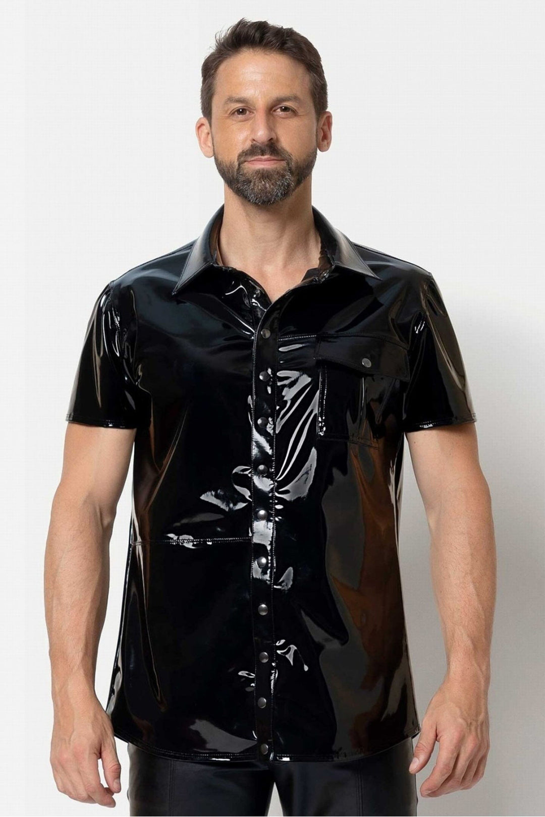 L'HOMME FINN Button Up Vinyl T Shirt in Black  from SexyShoes.com