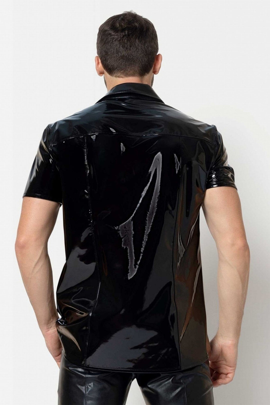 L'HOMME FINN Button Up Vinyl T Shirt in Black 