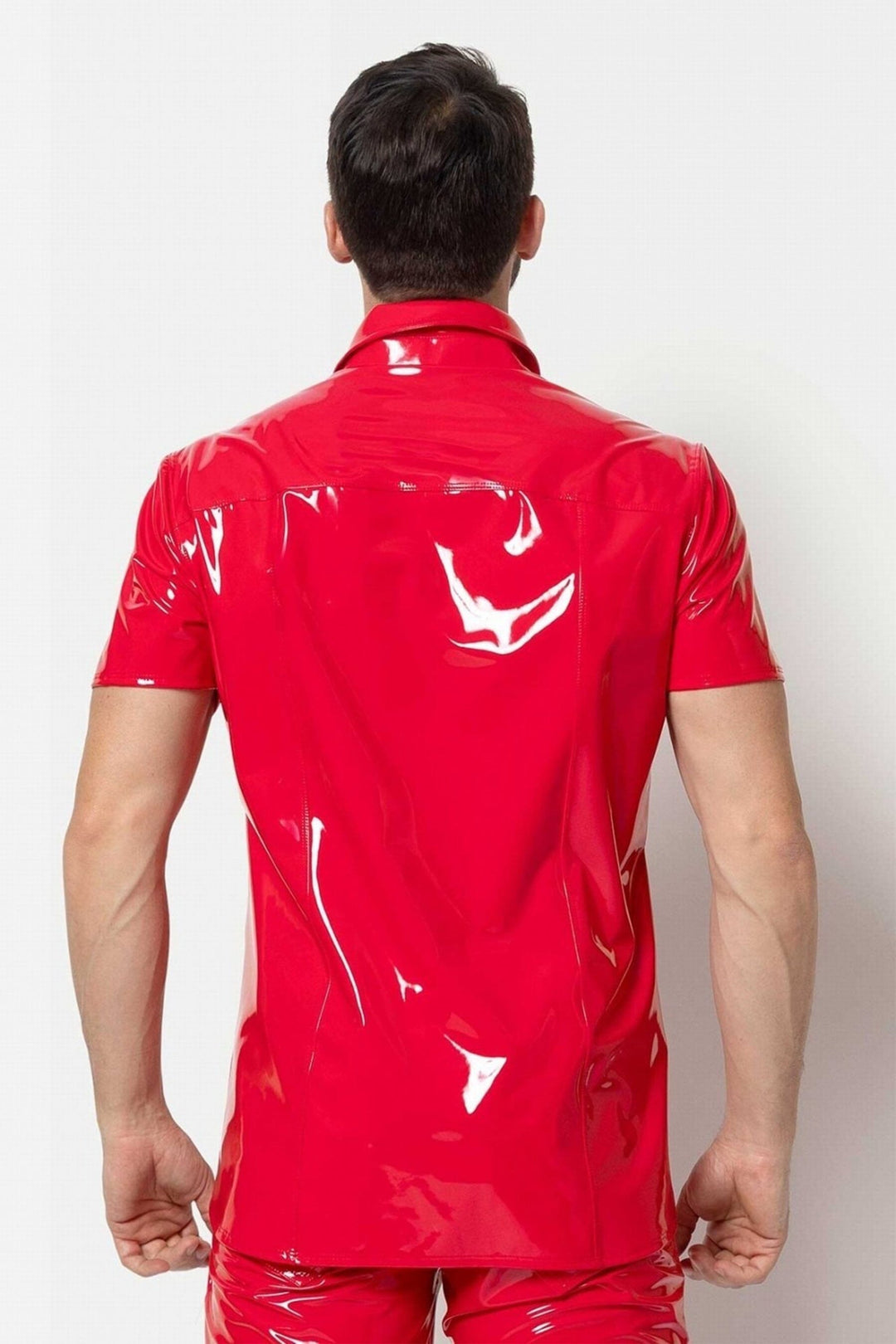 L'HOMME FINN Button Up Vinyl T Shirt in Red 