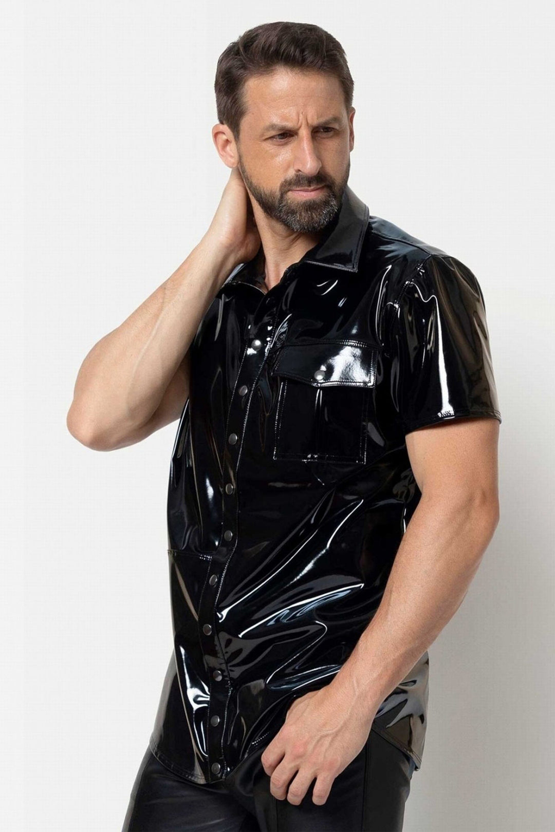 L'HOMME FINN Button Up Vinyl T Shirt in Black 