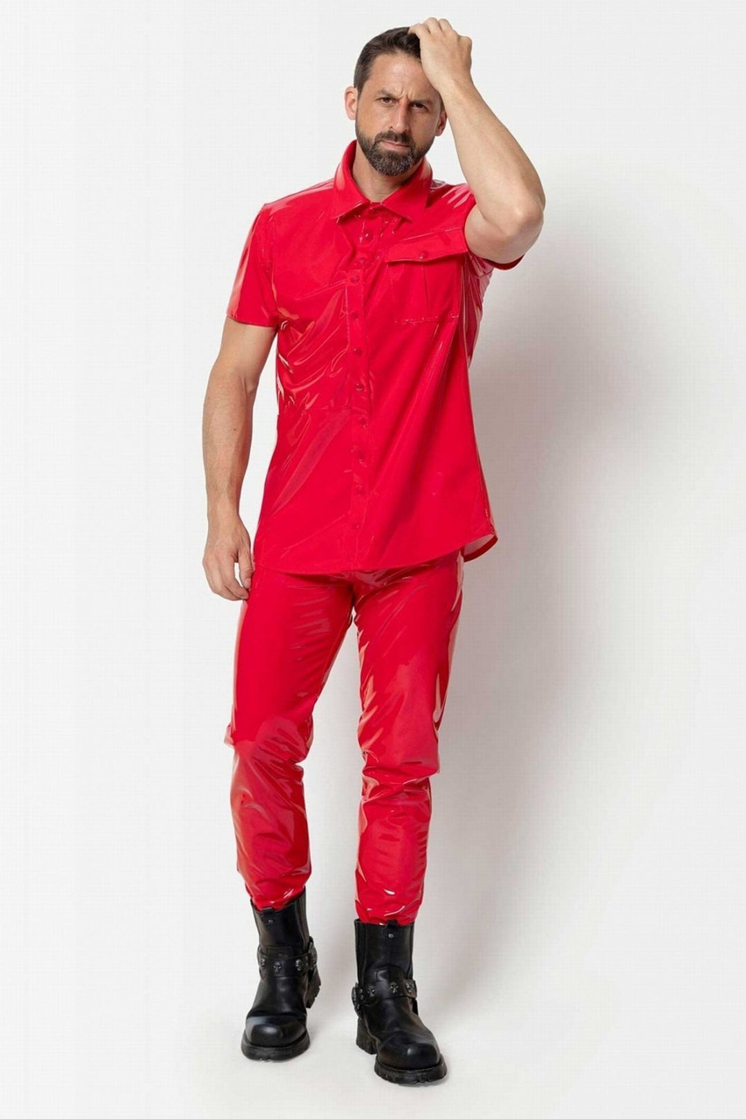 L'HOMME FINN Button Up Vinyl T Shirt in Red 