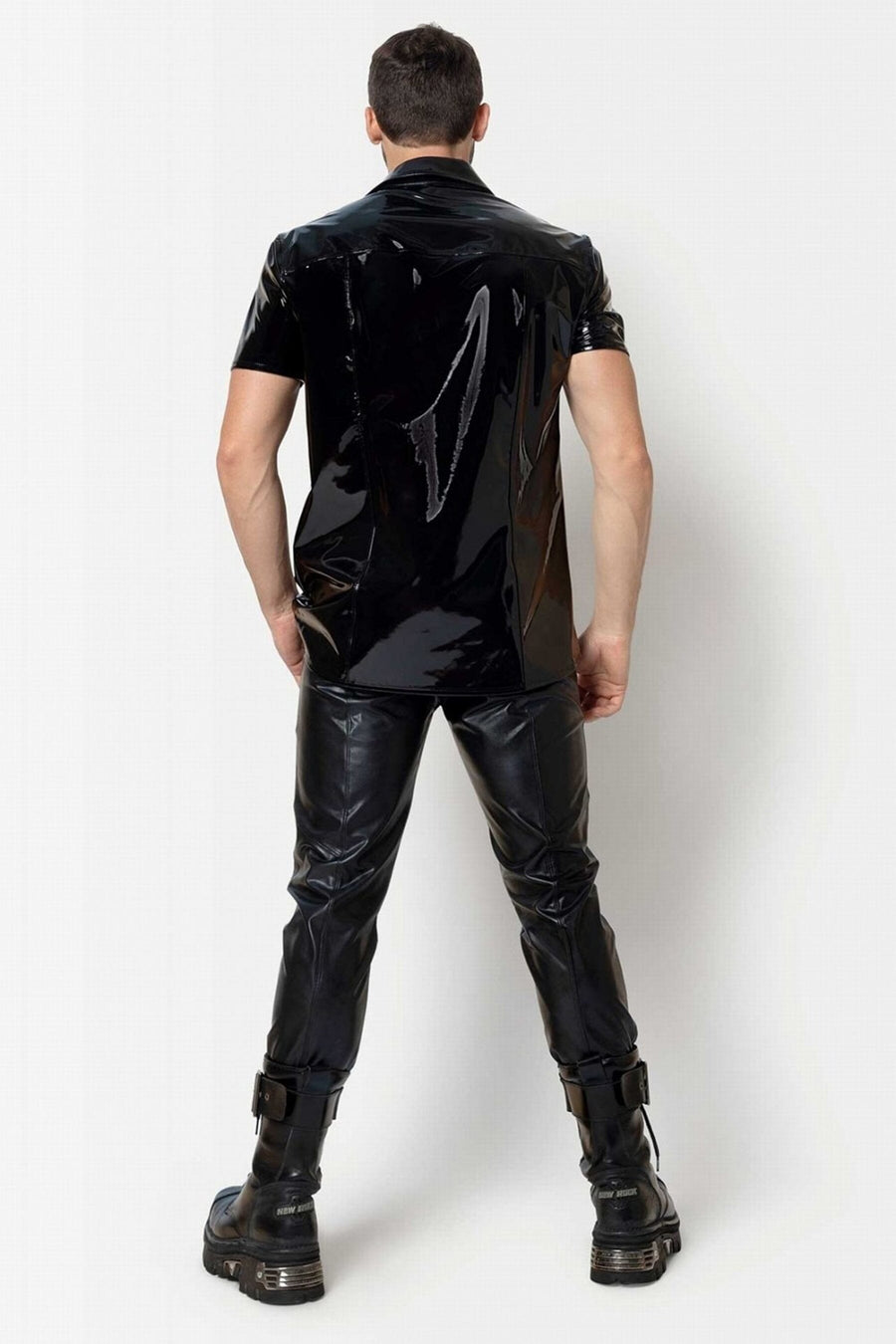 L'HOMME FINN Button Up Vinyl T Shirt in Black 