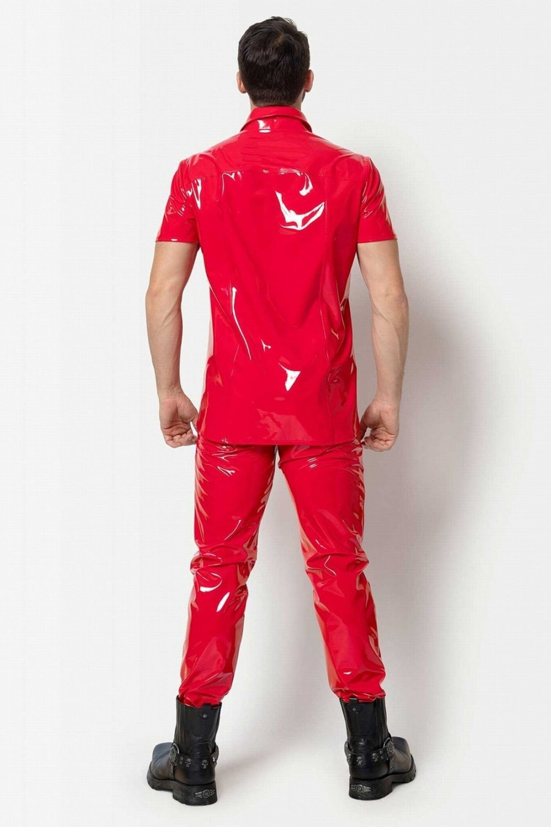 L'HOMME FINN Button Up Vinyl T Shirt in Red 