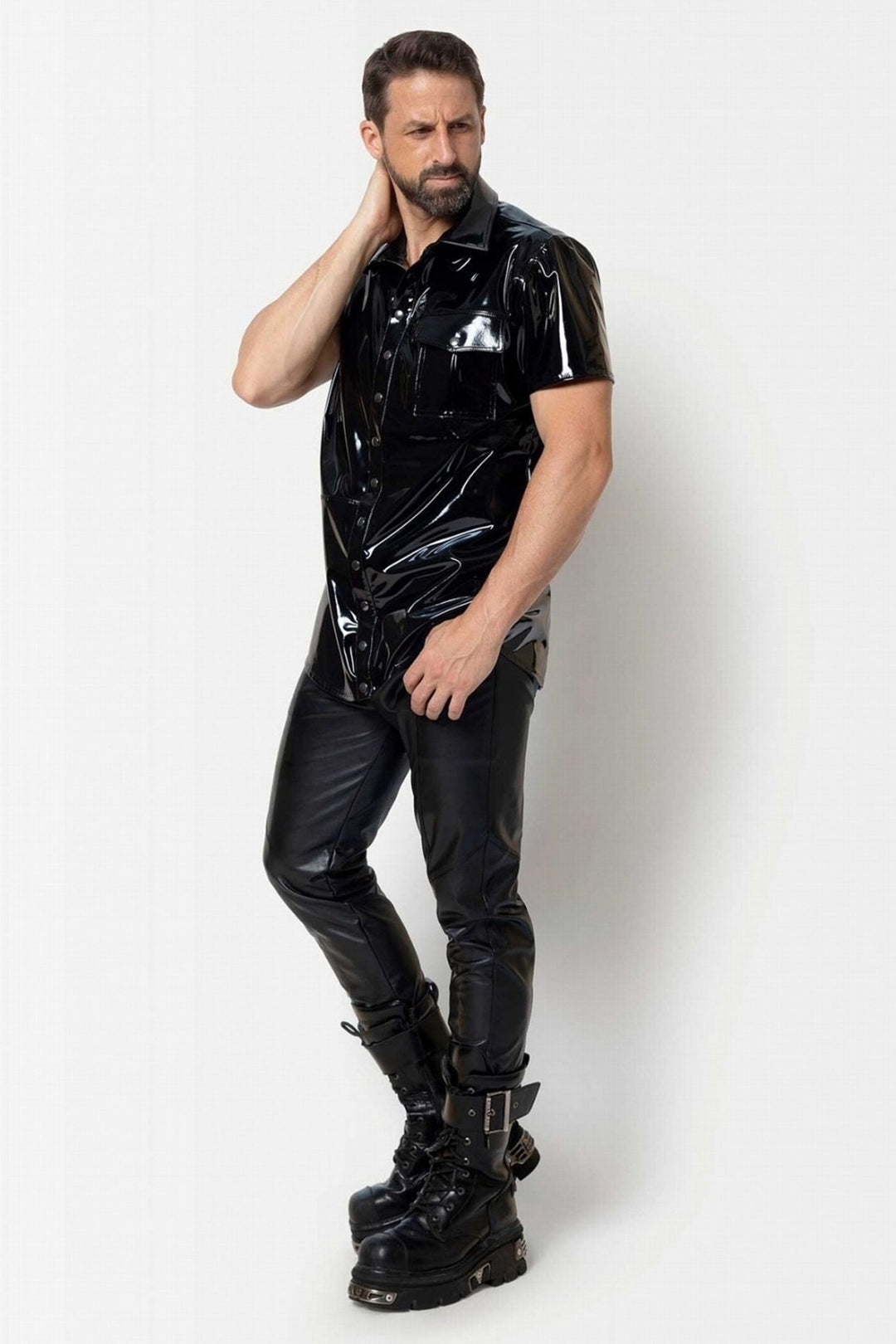 L'HOMME FINN Button Up Vinyl T Shirt in Black 