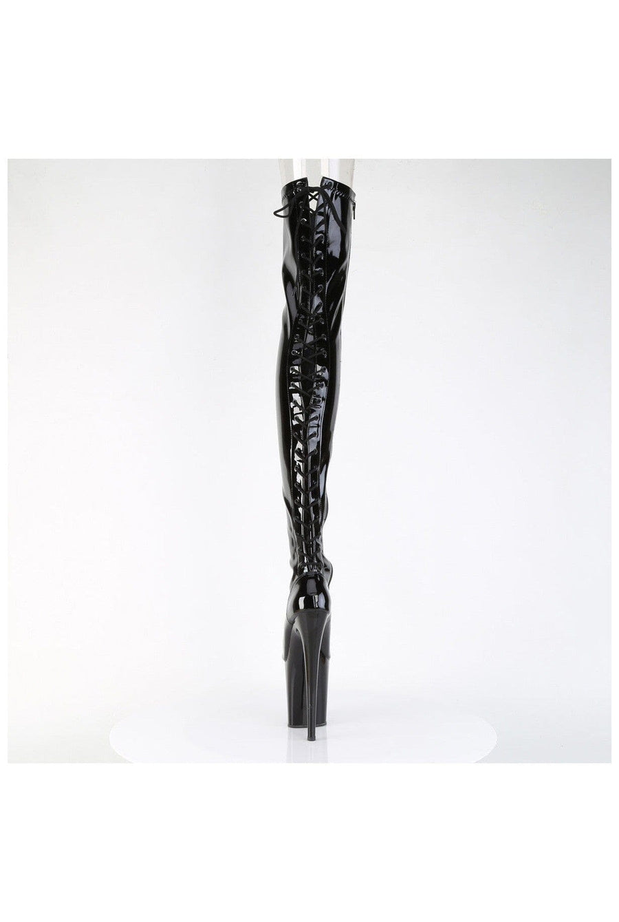 Pleaser FLAMINGO-3850 Black Patent Thigh Boot in Black Patent