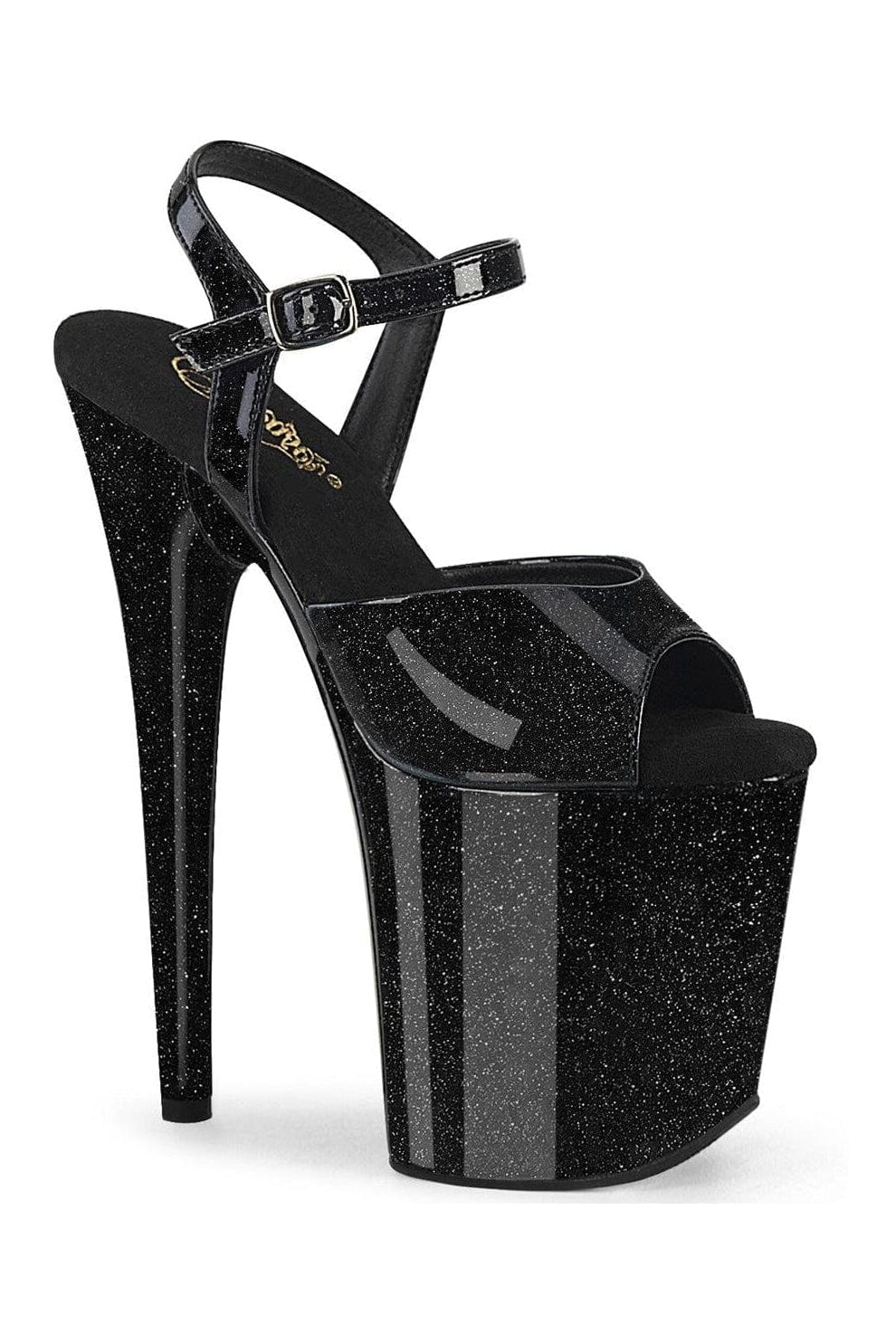 Pleaser FLAMINGO-809GP Black Glitter Patent Sandal in Black Glitter Patent from SexyShoes.com