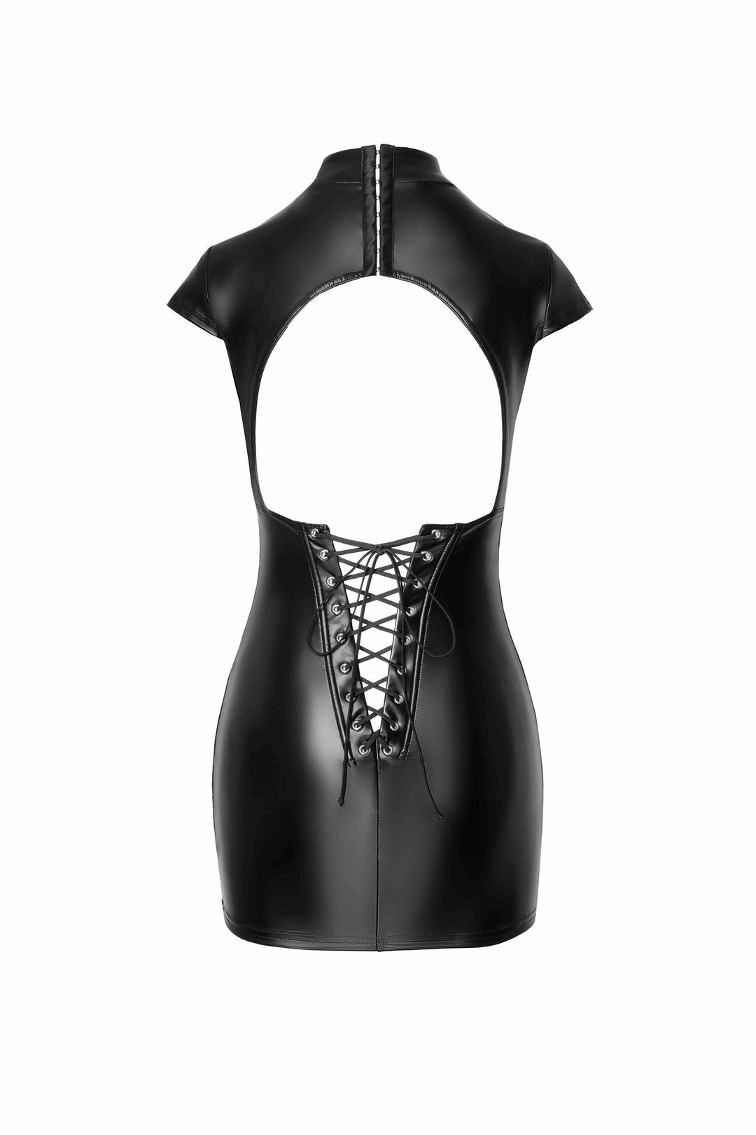 Noir Handmade Fantasy Wetlook Mini Dress With Lace Up Back in Black 