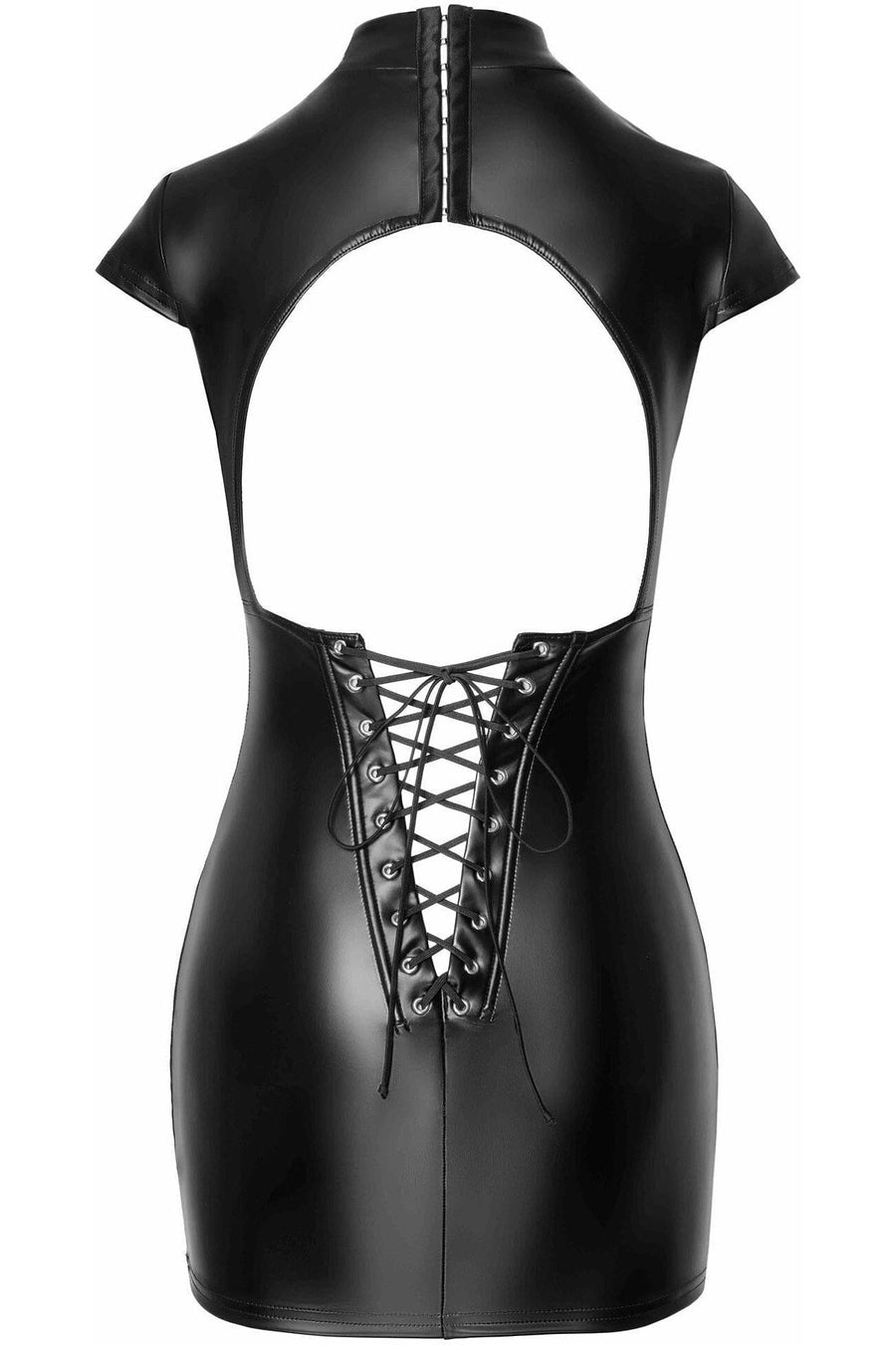 Noir Handmade Fantasy Wetlook Mini Dress With Lace Up Back in Black 