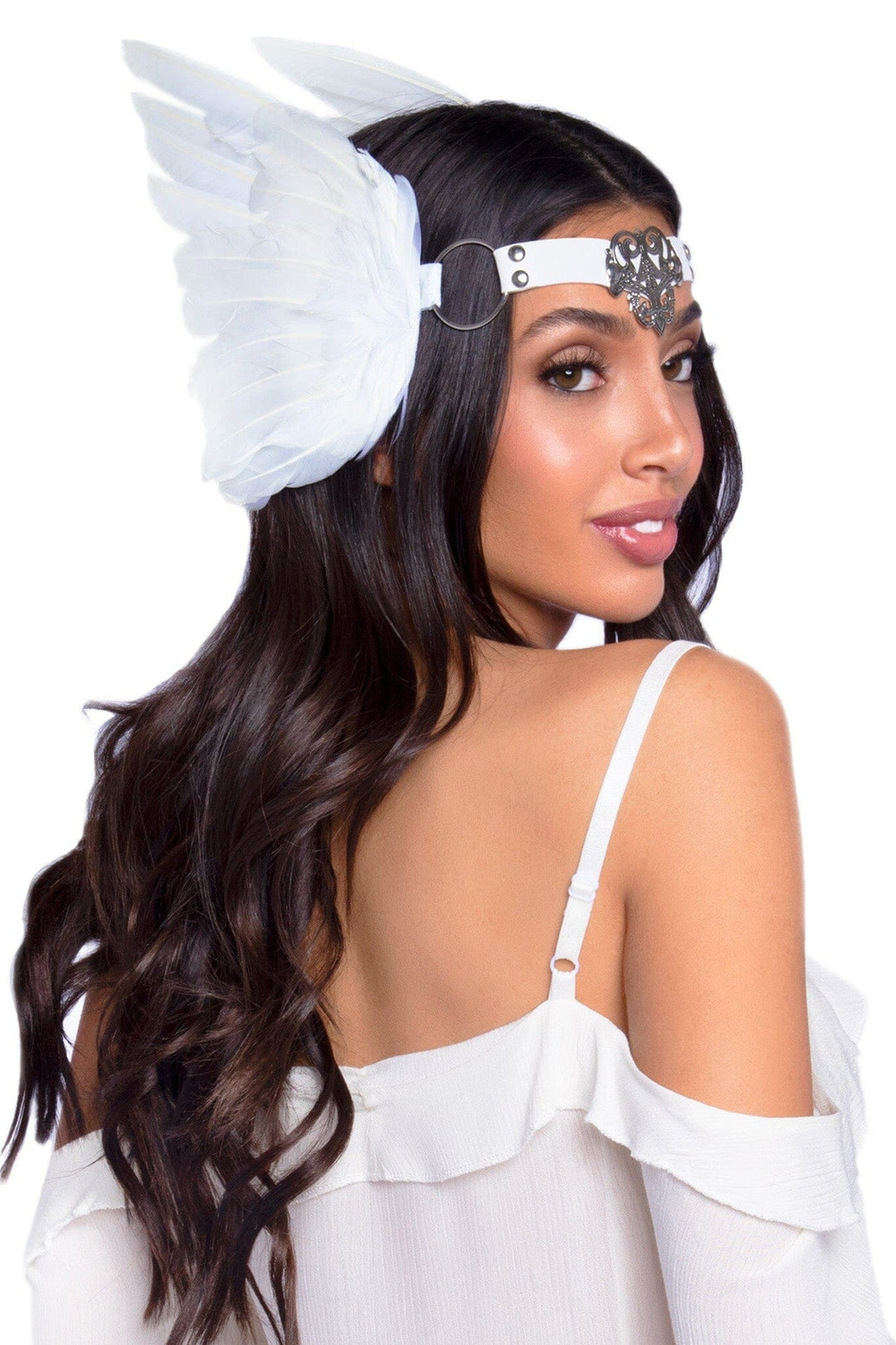 Feather Headband With O-Ring And Metal Filigree Medallion Accent-Costume Headwear-SEXYSHOES.COM
