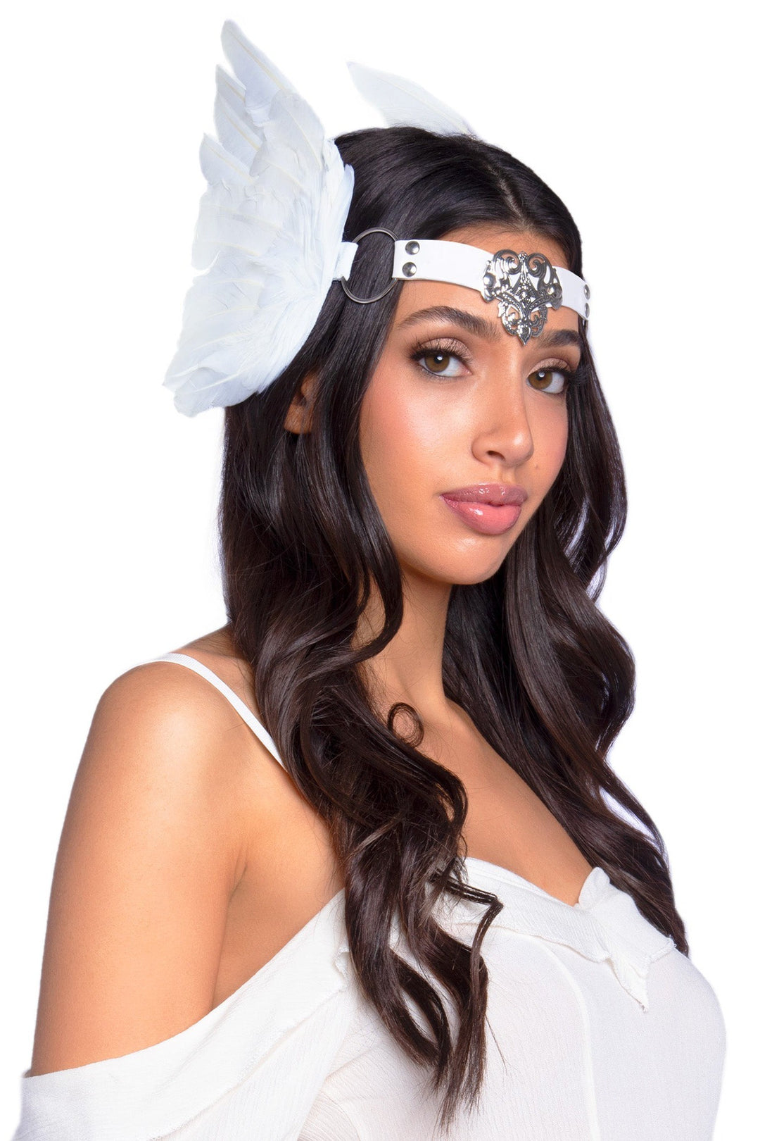 Feather Headband With O-Ring And Metal Filigree Medallion Accent