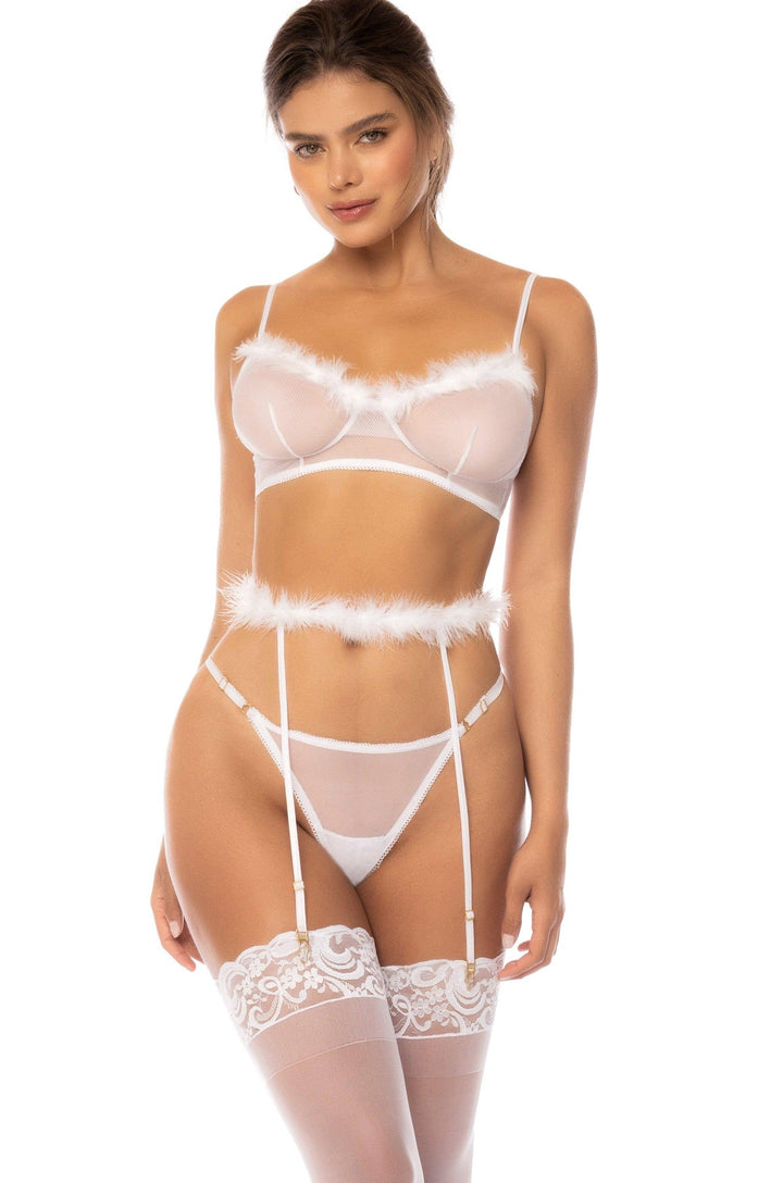 Feather Trim Sheer Mesh Three-Piece Set - SEXYSHOES.COM