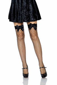 Leg Avenue Fence Net Bow Top Thigh Highs in Black  from SexyShoes.com