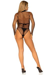 Fishnet High Neck Long Sleeved Bodysuit With Snap Crotch-Bodysuits-SEXYSHOES.COM