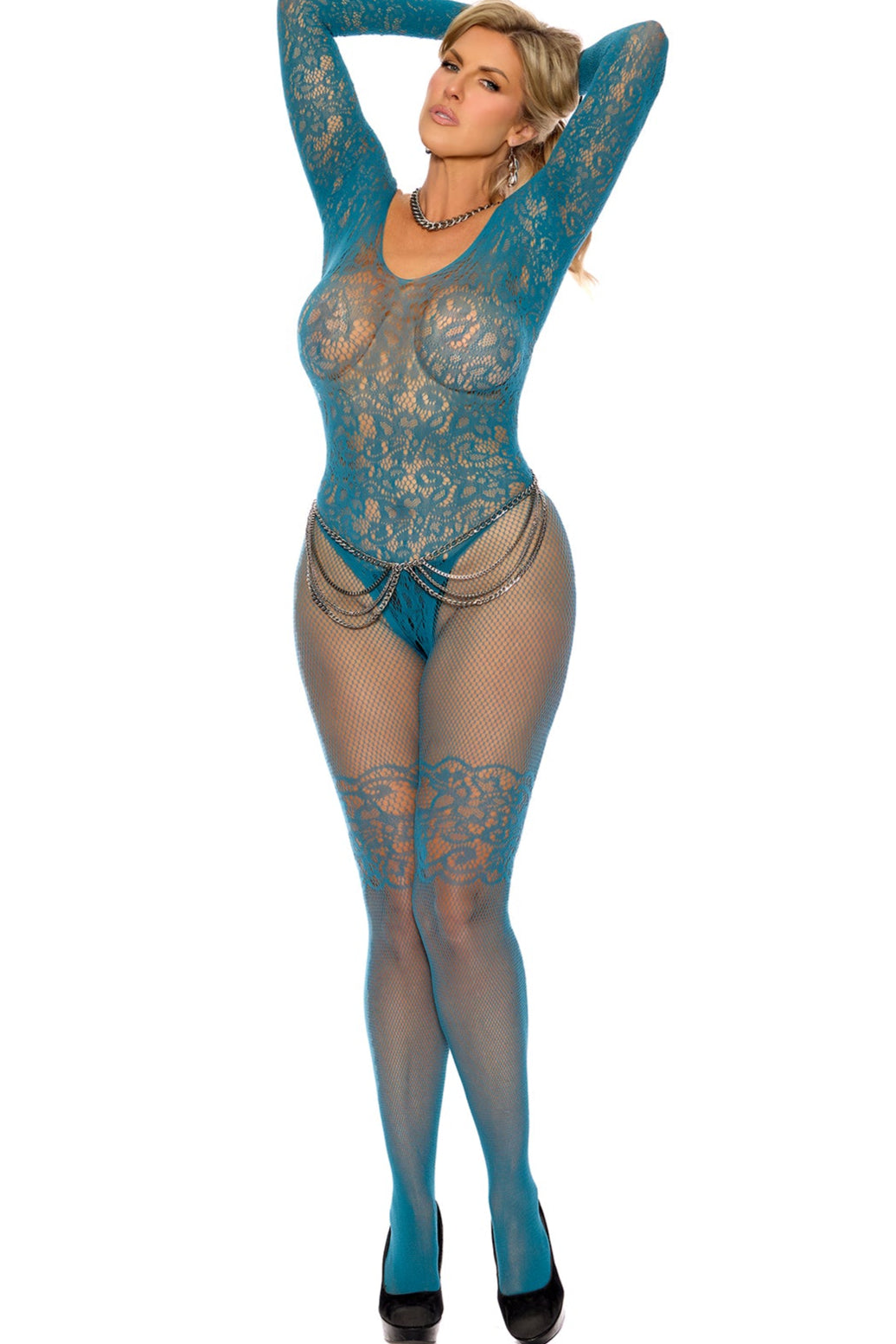 Elegant Moments Fishnet and Lace Long Sleeve Bodystocking with Open Crotch in Blue  from SexyShoes.com