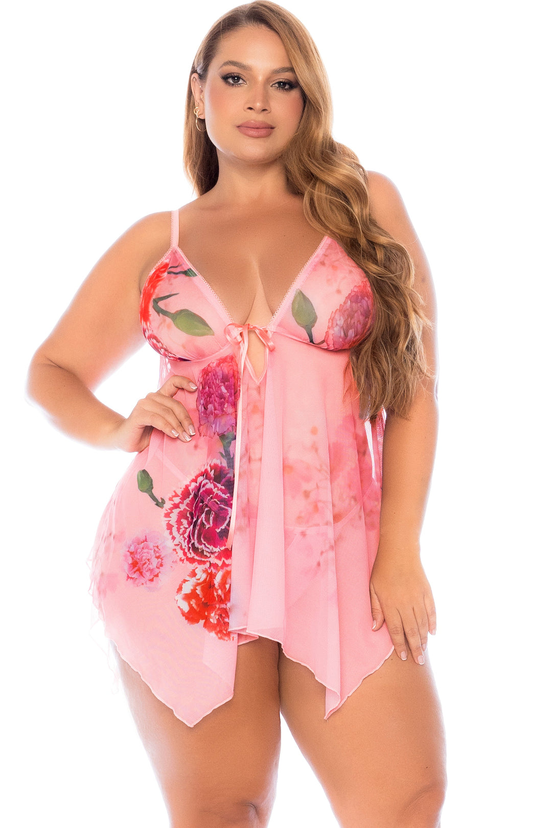 Mapale Flirty Floral Print Mesh Babydoll with Front Tie in Pink  from SexyShoes.com