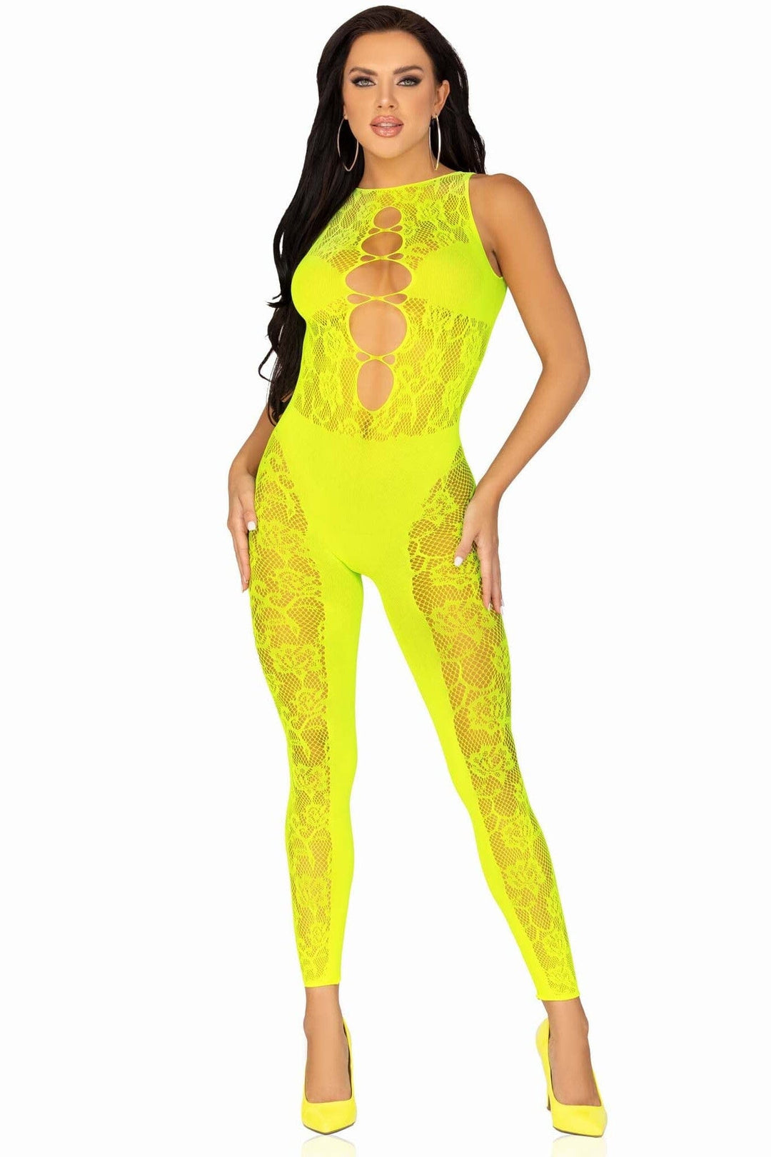 Floral Convertible Footless Bodystocking With Opaque Panel Detail-Bodystockings-SEXYSHOES.COM