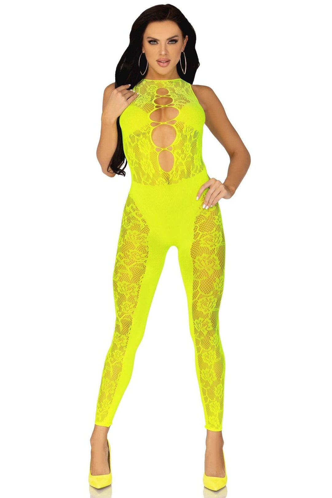 Leg Avenue Floral Convertible Footless Bodystocking With Opaque Panel Detail in Yellow  from SexyShoes.com