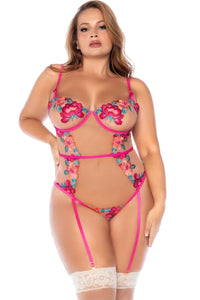Mapale Floral Embroidered Mesh Bodysuit in Fuchsia  from SexyShoes.com