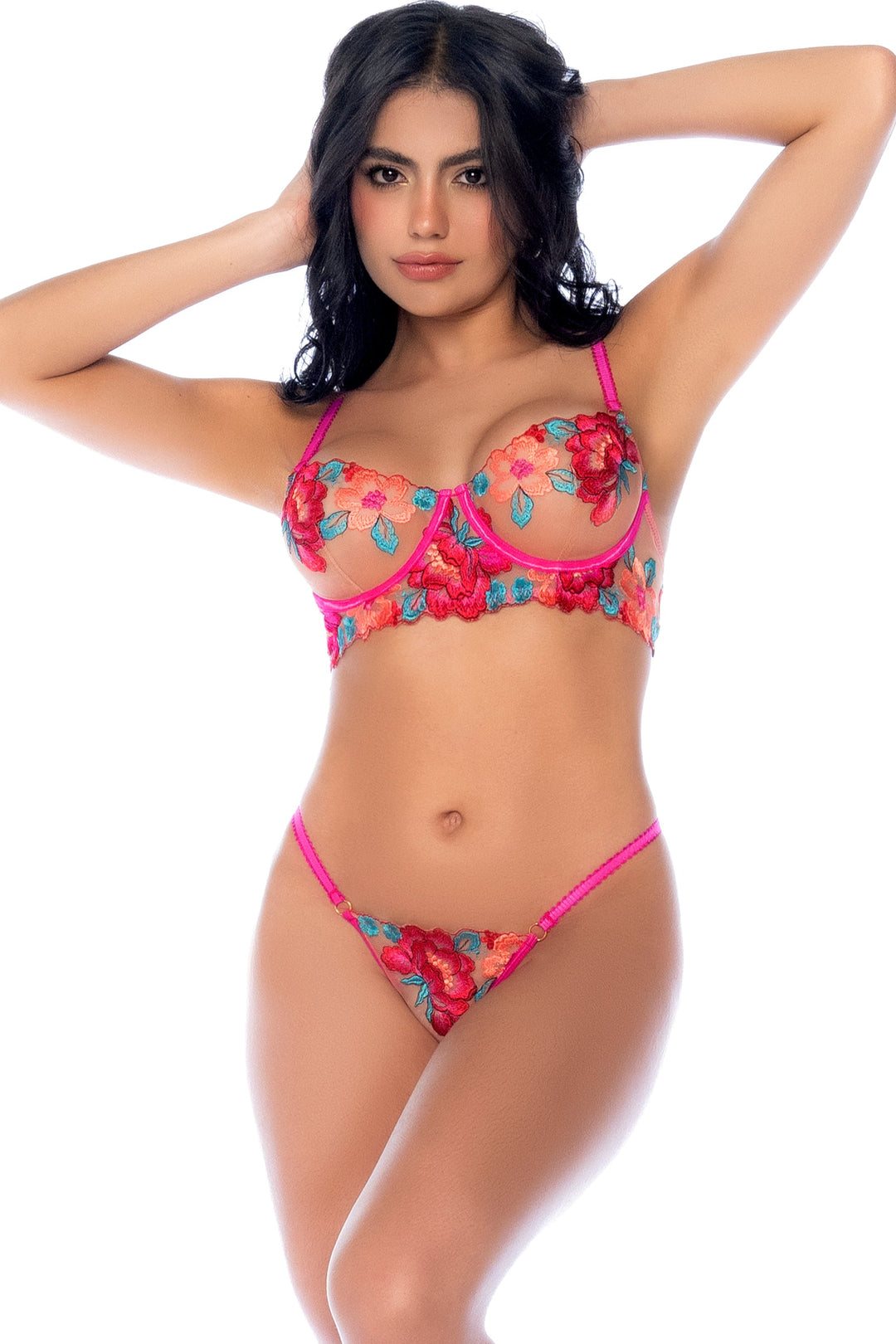 Floral Embroidered Mesh Lingerie Set-Lingerie Sets-SEXYSHOES.COM