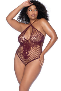 Mapale Floral Fishnet Bodysuit in Burgundy  from SexyShoes.com