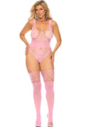 Floral Lace Teddy with Strappy Back Detail and Matching Stockings