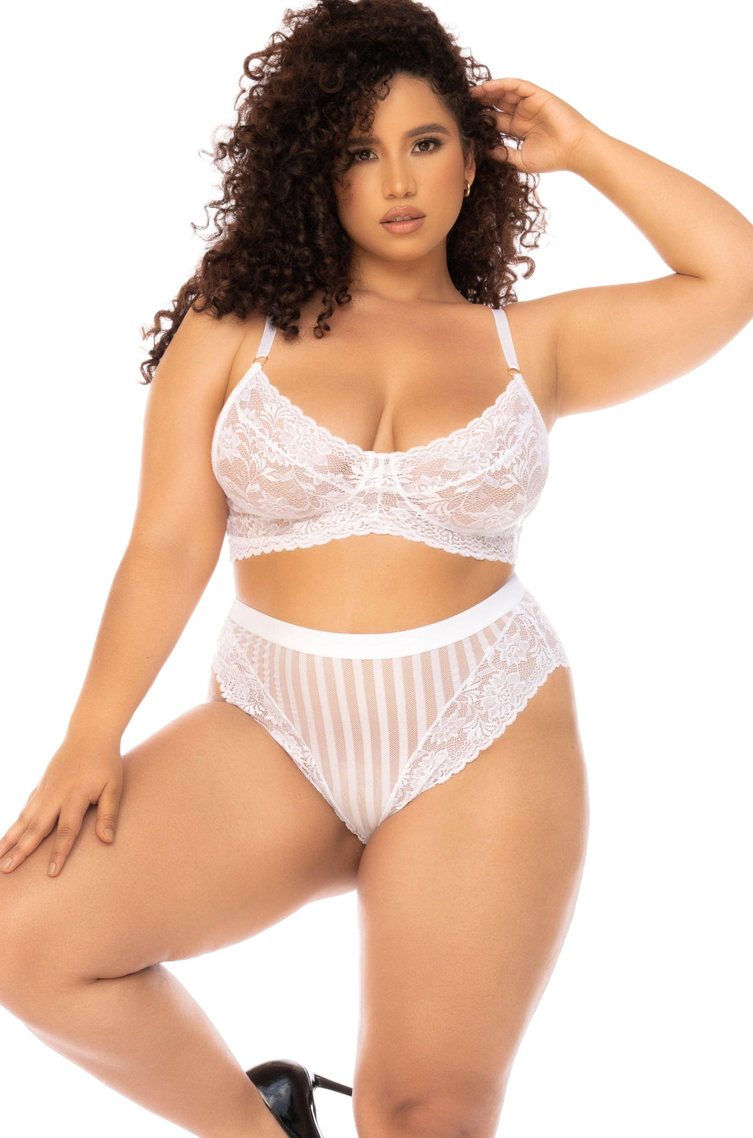 Floral Lace and Striped Mesh Two-Piece Set | Plus Size - SEXYSHOES.COM