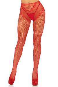 Leg Avenue French Cut Crotchless Fishnet Tights, Heart Backseam, Faux Lace Up Back in Red  from SexyShoes.com